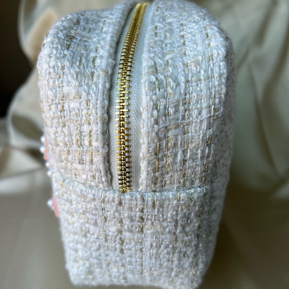 Large Tweed Bride Cosmetic Bag w/ Pearl & Rhinestone Personalized Letter Patches - Picture 5 of 10